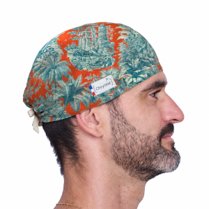 Calot court Sumatra homme – toile de Jouy tropicale orange et bleu canard, tigre et palmiers – ChrysVal