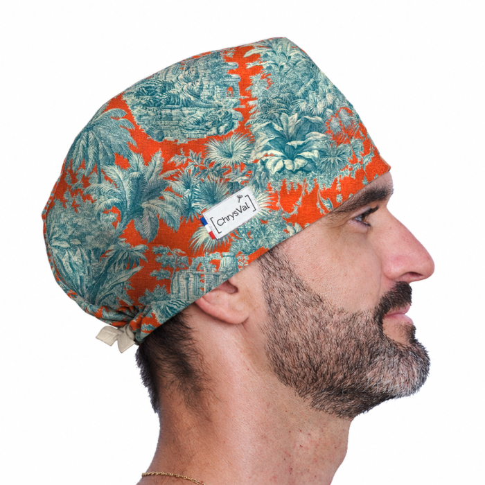 Calot couvrant Sumatra homme – toile de Jouy tropicale orange et bleu canard – ChrysVal