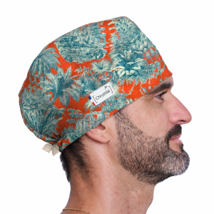 Calot couvrant Sumatra homme – toile de Jouy tropicale orange et bleu canard – ChrysVal