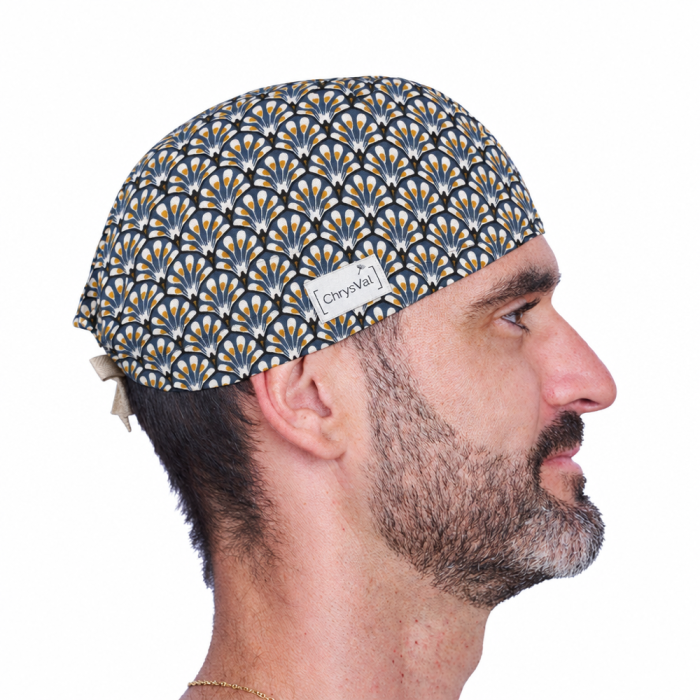 Calot court Gatsby homme – éventails Art déco bleu, moutarde et crème – ChrysVal