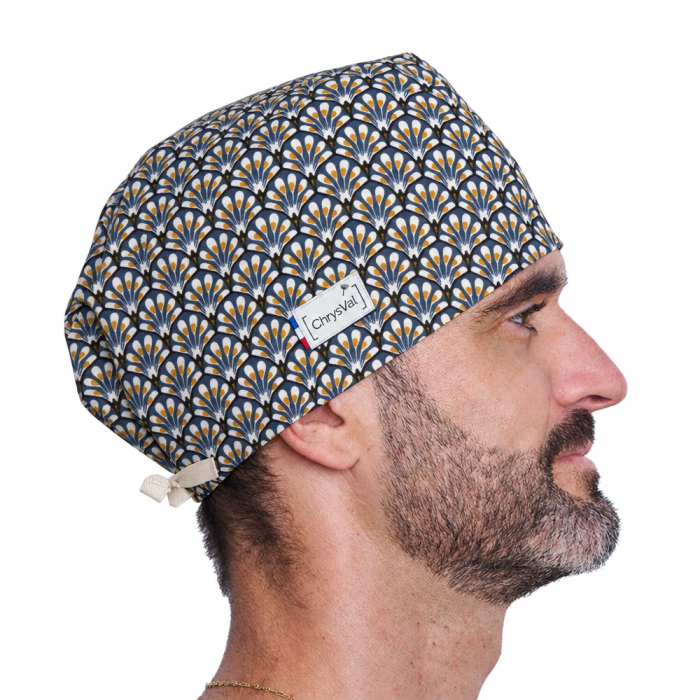 Calot couvrant Gatsby homme – éventails Art déco bleu, moutarde et crème – ChrysVal