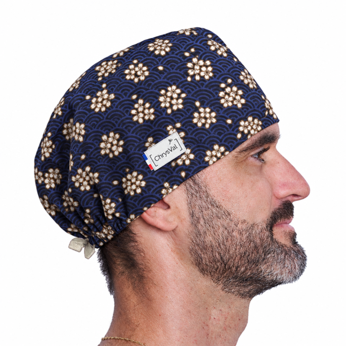 Calot couvrant Sakura homme – fleurs de cerisier sur fond bleu marine – ChrysVal